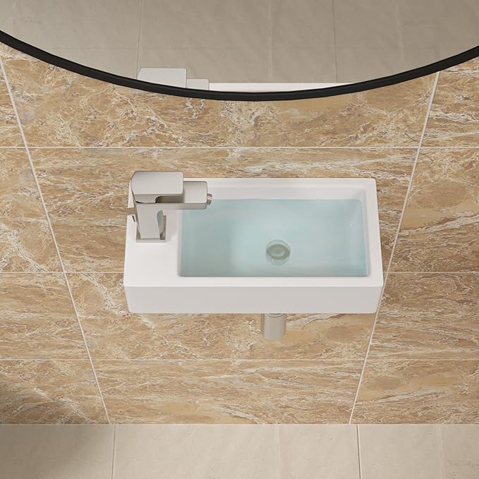 Sarlai Floating Vessel Sink - 15"x7" Wall Hang Small Bathroom Sinks Modern Rectangle Floating White Porcelain Ceramic Garden Wash Hand Sink, Left Hand