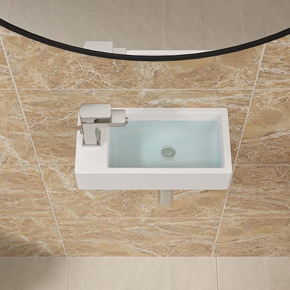 Sarlai Floating Vessel Sink - 15"x7" Wall Hang Small Bathroom Sinks Modern Rectangle Floating White Porcelain Ceramic Garden Wash Hand Sink, Left Hand