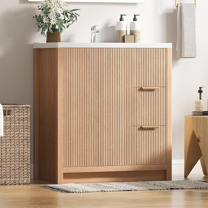 Bathroom Vanity with Sink, 32 Inch Single Bathroom Vanity with Sink with Storage Cabinet, 2 Drawers & 2 Doors, Solid Wood Storage Cabinet with Ceramic Basin for Bathroom, Nature Oak