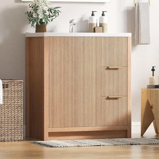Bathroom Vanity with Sink, 32 Inch Single Bathroom Vanity with Sink with Storage Cabinet, 2 Drawers & 2 Doors, Solid Wood Storage Cabinet with Ceramic Basin for Bathroom, Nature Oak