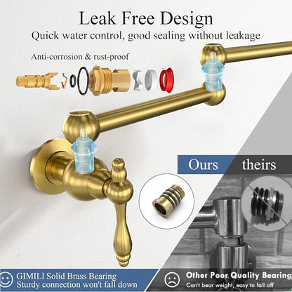 Faucets with Wall Mount Double Joint Swing Arms - Leak Free Design with High-Flow Aerators - Retractable & Folding for Space Saving