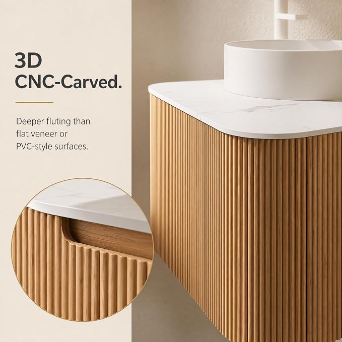 24 Inch Bathroom Vanity with Sink, Floating Wall Mounted Single Sink Vanity for Small Baths, Natural Woodgrain Curved Fluted Front, Stone Top, Pure White Round Vessel Basin, Pre-Assembled