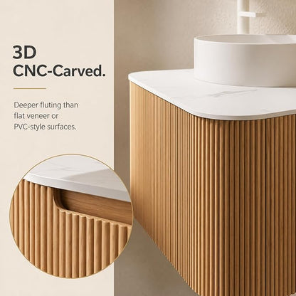 24 Inch Bathroom Vanity with Sink, Floating Wall Mounted Single Sink Vanity for Small Baths, Natural Woodgrain Curved Fluted Front, Stone Top, Pure White Round Vessel Basin, Pre-Assembled