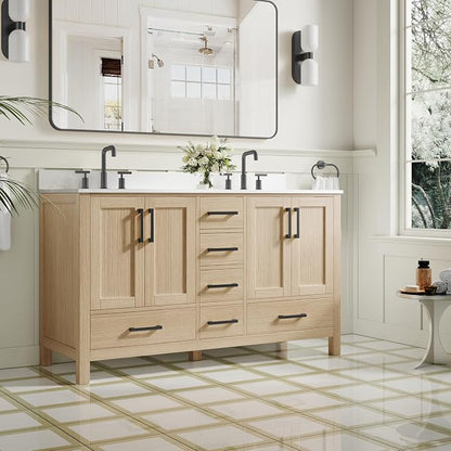 60-Inch Bathroom Vanity with Sink, 4 Soft-Close Doors and 6 Soft-Close Drawers, Bathroom Freestanding Vanity with Cultured Marble Countertop, Oak Vanity with Matte Black Handles