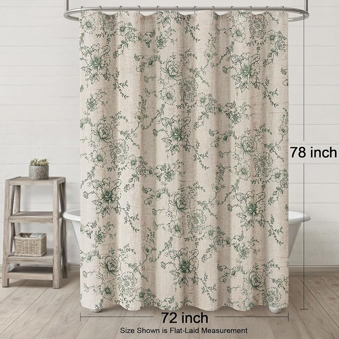 Farmhouse Floral Linen Shower Curtain, Vintage Green Pattern Rustic Shower Curtains for Bathroom, 72x78