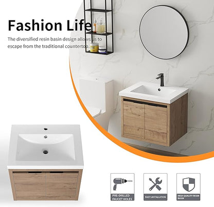 24 Inch Bathroom Vanity with Sink, Modern Floating Single Sink Bathroom Vanities Set, Wall-Mounted Bathroom Vanity, Soft Close Door (Oak, 18 * 24)