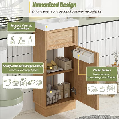 Merax Modern Rustic 15.75'' Bathroom Vanity with Resin Sink, Solid Wood Bathroom Storage Cabinet with Adjustable Shelf & Push-to-Open Door for Small Spaces, Natural