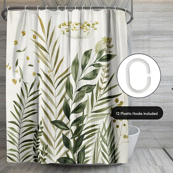 Americanflat 71x74 Botanical Shower Curtain - Water-Resistant Long Shower Curtain with Durable Metal Grommets and 12 Hooks - 100% Polyester - Ivory, Muted Yellow and Green Bathroom Curtains