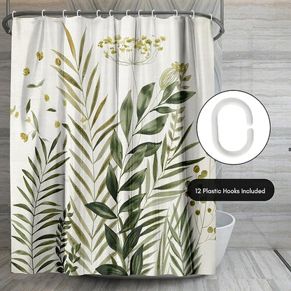 Americanflat 71x74 Botanical Shower Curtain - Water-Resistant Long Shower Curtain with Durable Metal Grommets and 12 Hooks - 100% Polyester - Ivory, Muted Yellow and Green Bathroom Curtains