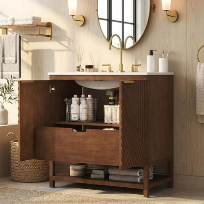 30 Inch Walnut Mid-Century Bathroom Vanity with Ceramic Basin Sink, Space Saving Bathroom Storage Cabinet with Sink & Dual Hidden Drawers & Open Bottom Shelf, Fluted Door Panel (Walnut Style2, 30")
