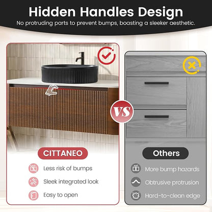 48" Floating Bathroom Vanity with Black Sink & Towel Rack, Walnut | Pre-Assembled Fluted Wall Mounted Vanity with Ceramic Vessel Sink, Rounded Edges, Soft-Close Drawer