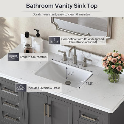 48 Inch Fully Assembled Bathroom Vanity with Sink, Grey | Solid Wood, Quartz Top & Backsplash, Soft-Close Doors, Dovetail Drawers, Large Storage, Modern Farmhouse Bath Upgrade