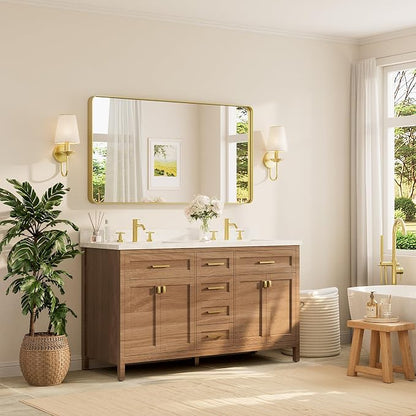 55 x 30 Inch Bathroom Mirror, Brushed Gold Metal Framed Wall Mounted Mirrors, Brushed Brass Rectangle Modern Decorative Vanity Mirror (Horizontal/Vertical)