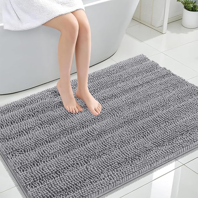 OLANLY Thick Large Bathroom Rugs 44x32, Soft Chenille Bath Rugs, Grey | Absorbent Striped, Rubber Backing, Machine Wash Dry, Bath Mats for Bathroom Floor, Tub and Shower, Home Decor Accessories