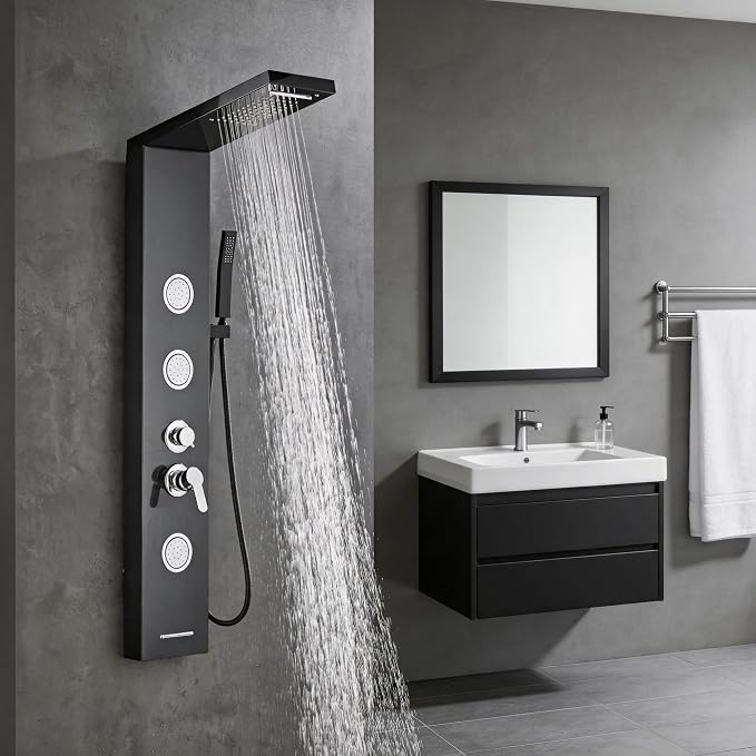 5-In-1Shower Panel Tower System-Brushed Black | 304 stainless steel Shower Panel Column Tower With Powerful Body Jets,Body Spray,Rainfall,Waterfall,Handheld And Tub Spout