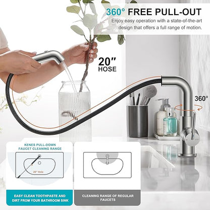 Kitchen faucet with 360-degree free pull-out feature, hose, and cleaning range illustration.