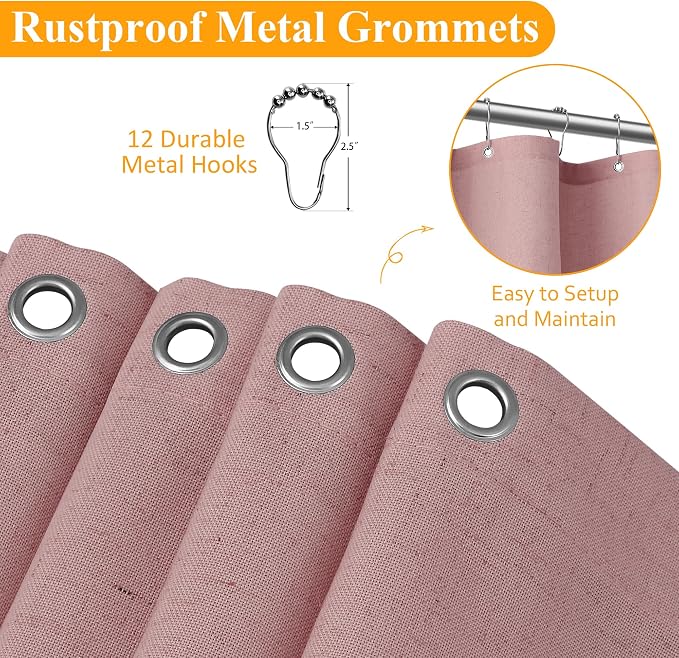 Pink Linen Shower Curtain, Country Boho Farmhouse Bath Decor Shower Curtains Neutral Cloth Weighted Textured Fabric Bath Curtain Liner with Hooks, 72x72