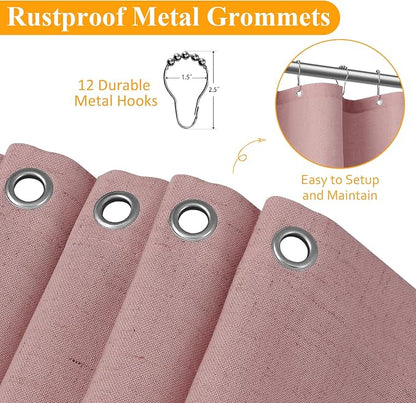 Pink Linen Shower Curtain, Country Boho Farmhouse Bath Decor Shower Curtains Neutral Cloth Weighted Textured Fabric Bath Curtain Liner with Hooks, 72x72