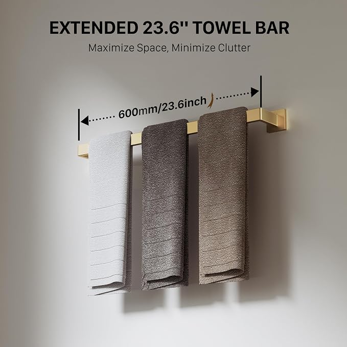 10-Piece 23.6 Inch Brushed Gold Bathroom Hardware Accessories Set | Stainless Steel Bath Extended Towel Bar, Toilet Paper Holder with Shelf, Towel Hooks, Square Towel Ring Wall Mounted