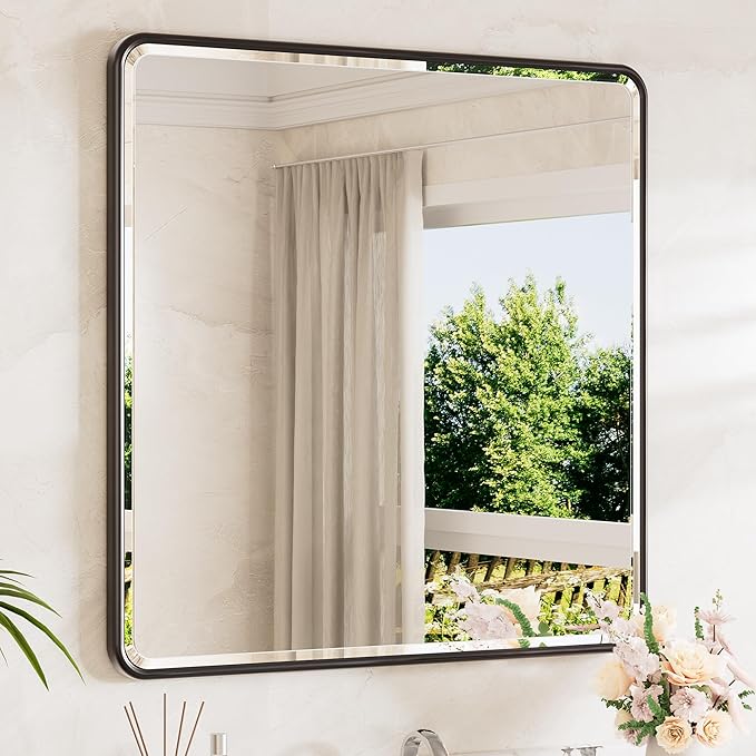 Black Vanity Mirror for Bathroom 36 x 36 Beveled Edge Tempered Glass, Rounded Corner Rectangle Wall Mirror for Modern Bathroom, Living Room, Bedroom, Entryway