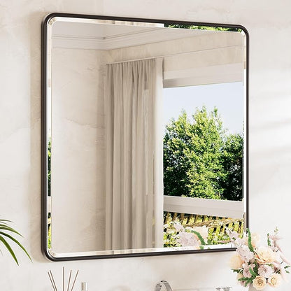 Black Vanity Mirror for Bathroom 36 x 36 Beveled Edge Tempered Glass, Rounded Corner Rectangle Wall Mirror for Modern Bathroom, Living Room, Bedroom, Entryway