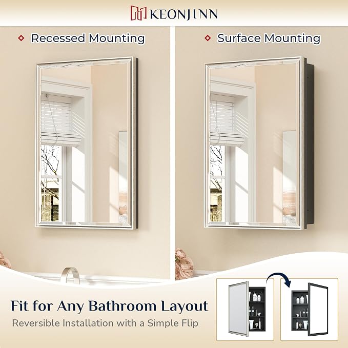 Keonjinn Bathroom Medicine Cabinets with Mirror, 24" x 30" Brushed Nickel Medicine Cabinet, Recessed or Wall-Mounted, Aluminum Alloy Framed, Farmhouse Bathroom Mirror with Storage Cabinet