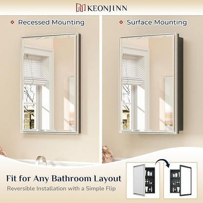 Keonjinn Bathroom Medicine Cabinets with Mirror, 24" x 30" Brushed Nickel Medicine Cabinet, Recessed or Wall-Mounted, Aluminum Alloy Framed, Farmhouse Bathroom Mirror with Storage Cabinet