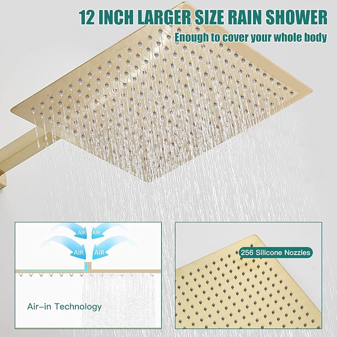 Hoimpro Shower System Set with 12 Inch Bathroom Rain Mixer Shower Head and Handheld Wall Mounted, Rainfall Shower Faucet Fixture Combo with High Pressure 2 in 1 Handheld Showerhead, Brushed Gold | High Pressure 12 Inch Bathroom Rainfall Shower Head,2-i...