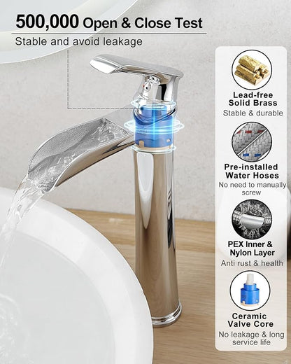 Bathroom Waterfall Faucet, Brass Tall Chrome Bathroom Faucet One Handle, Vessel Sink Faucet 1 Hole, Faucet for Bathroom Sink with Pop-Up Drain & Supply Hoses for Vanity Lavatory RV Farmhouse