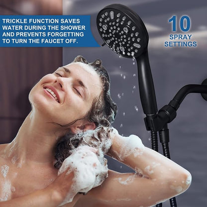 Shower Head with Handheld,High Pressure, 10 Spray Modes, Black | High Pressure Shower Head With 10 Spray Modes, Stay Clean Nozzles, Power Wash for Tub, Tile & Pets, Long 5 ft Hose