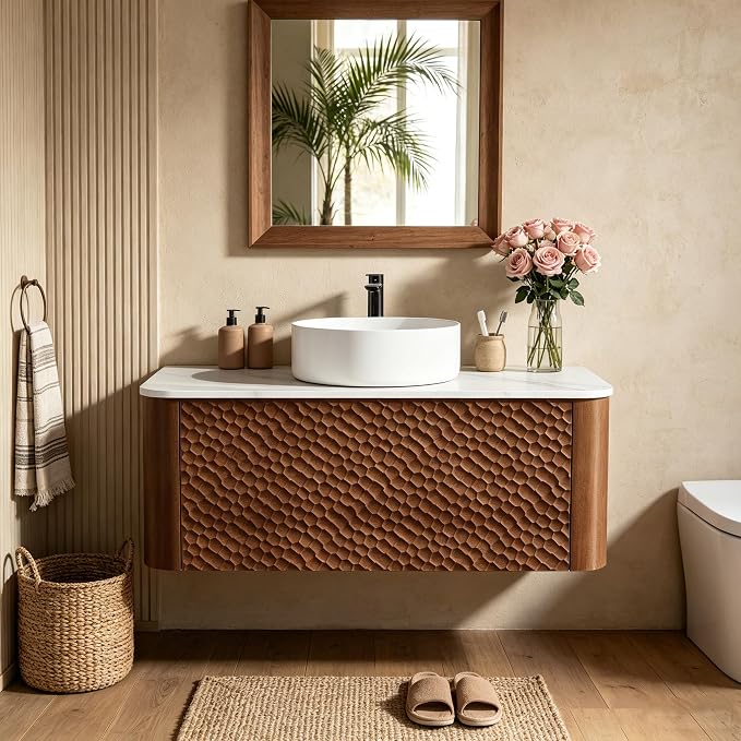 36 Inch Modern Bathroom Vanity with Ceramic Sink, Floating Bathroom Vanity Cabinet with Sintered Stone Top&Solid Wood Hammered Frame, Single Sink Bathroom Vanities w/Soft-Close Drawers,Walnut