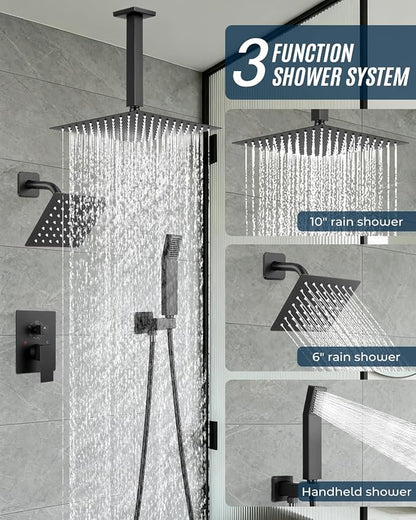 Rain Shower Faucet Set, 10" Top + 6" Side Head, Matte Black | 3-head set w/ valve, SUS304 anti-freeze, 6 spray modes, self-clean nozzles