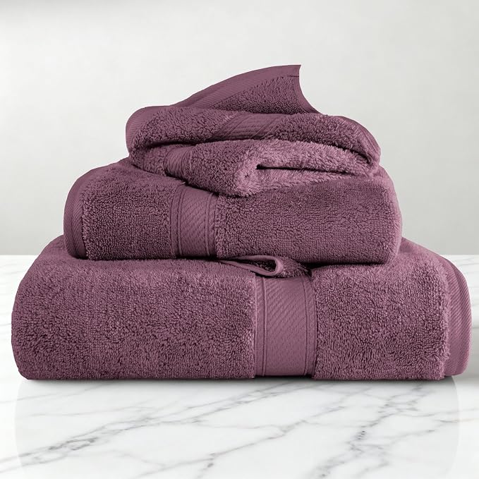 SUPERIOR Egyptian Cotton Ultra Plush & Absorbent, 3 Piece Set, Plum | Quick Dry, Soft Luxury Towel Set, Bath Essentials, Guest Bath, Spa, 1 Bath, 1 Hand, 1 Face Towels, Madeline Towels