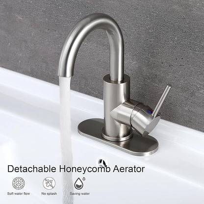 RKF Single-Handle Bathroom Sink Faucet, 360 Degree Swivel Spout Single Hole Faucet with Overflow and Supply Hose,Bar Sink Faucet,Small Kitchen Faucet Tap