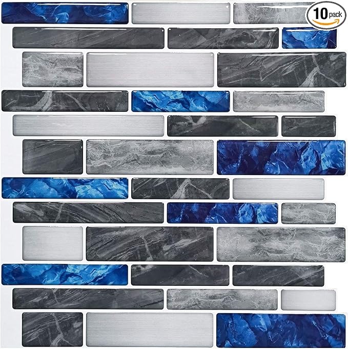 Art3d Marble Tile Peel and Stick Backsplash, 10-Pack, 12 x 12 Inch, Blue | Lightweight, Self Adhesive, Moisture Resistant, Easy to DIY, Modern Style, for Kitchen, Bedroom, Ideal for New Home Buyers