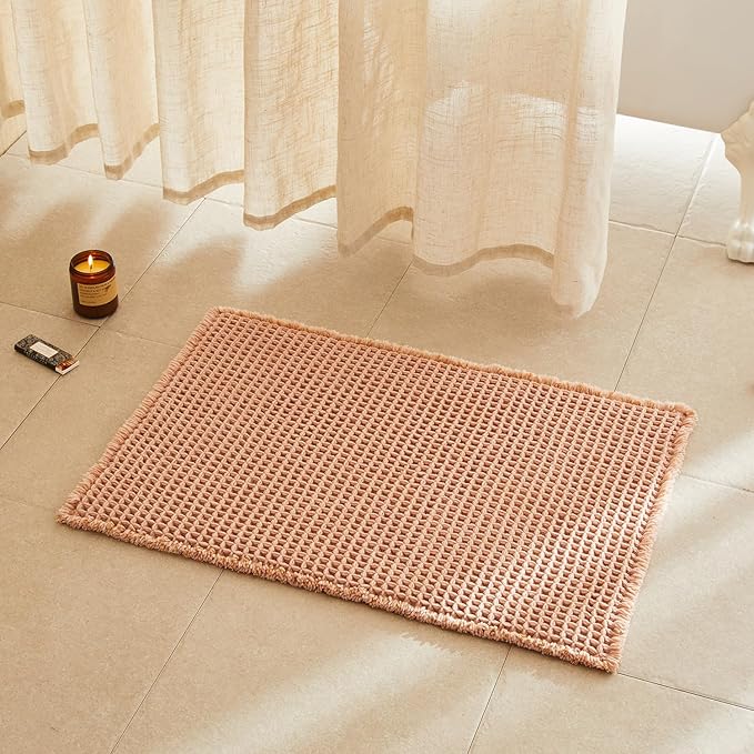 TYUU Waffle Bath Mat, Boho Bathroom Rugs Non Slip, 30x20 Light Peach | Super Absorbent Quick Dry Bath Rug, Non-Slip Backing, Soft Waffle Washable Farmhouse Bathroom Mats, Tub, Shower & Home Decor