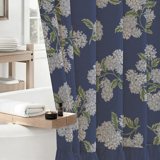 ORTIGIA Linen Textured Ruffle Shower Curtain with Metal Hooks, Vintage Navy Blue Hydrangea Floral Boho Waterproof Bath Curtain for Rustic Farmhouse Bathroom Decor 72x72 Inch