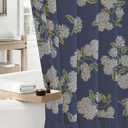 ORTIGIA Linen Textured Ruffle Shower Curtain with Metal Hooks, Vintage Navy Blue Hydrangea Floral Boho Waterproof Bath Curtain for Rustic Farmhouse Bathroom Decor 72x72 Inch