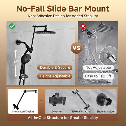BRIGHT SHOWERS Rain Shower System with Handheld, High Pressure Dual Shower Head Combo, 9-Spray Modes, Adjustable Slide Bar & Extension Arm, 3-Way Diverter, Built-in Power Wash, 69" Hose, Matte Black