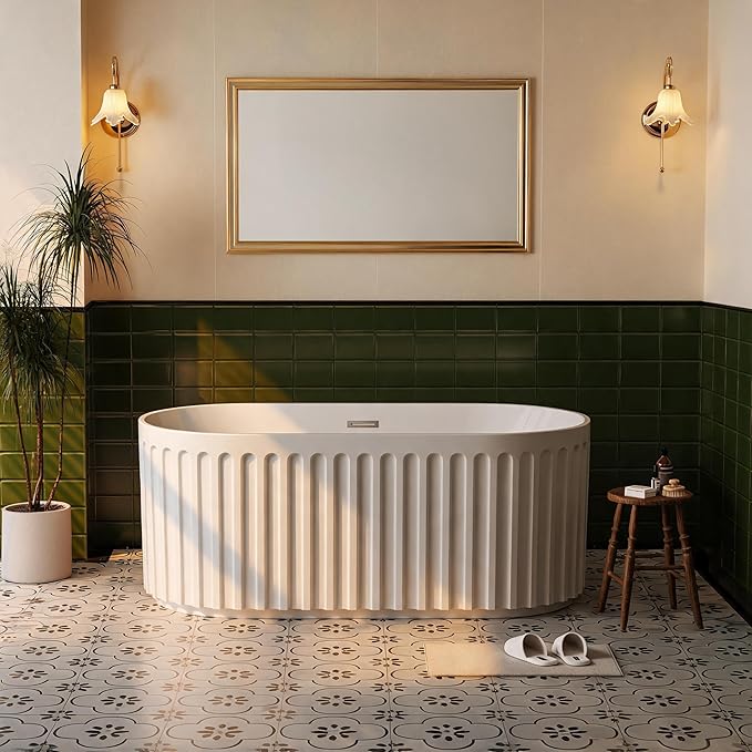 59" Freestanding Bathtub, Acrylic Soaking Tub with V Shape Pleated Design, Chrome Drain & Classic Slotted Overflow, CUPC Certified, Gloss White for Modern Bathroom