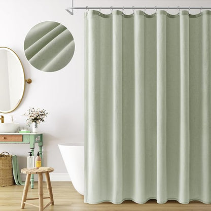 Mist Sage Linen Shower Curtain, Country Boho Farmhouse Bath Decor Shower Curtains Neutral Cloth Weighted Textured Fabric Bath Curtain Liner with Hooks, 72x84