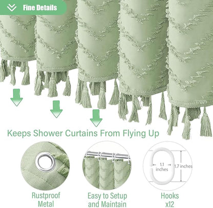 Boho Farmhouse Shower Curtain Tufted Chevron 72"x70" Sage Green | Elegant Tassel, Soft Lightweight Textured Fabric, Water Repellent, Washable, Hotel Spa, for Bathroom/Dorm/Apartment 12 Hooks