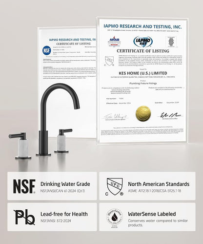 KES Natural Italian Carrara Marble Matte Black Bathroom Faucet 3 Hole with All Metal Pop Up Sink Drain, 8 Inch Widespread Bathroom Sink Faucet for Vanity, 360° Swivel Spout, 18/8 Stainless Steel