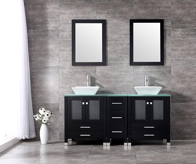 Black 60 Inch Bathroom Double Vanity Cabinet w/Mirror Top Glass and Countertop Double Ceramic Vessel Sink Combo