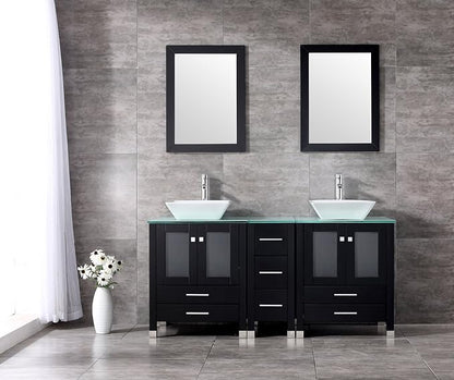 Black 60 Inch Bathroom Double Vanity Cabinet w/Mirror Top Glass and Countertop Double Ceramic Vessel Sink Combo