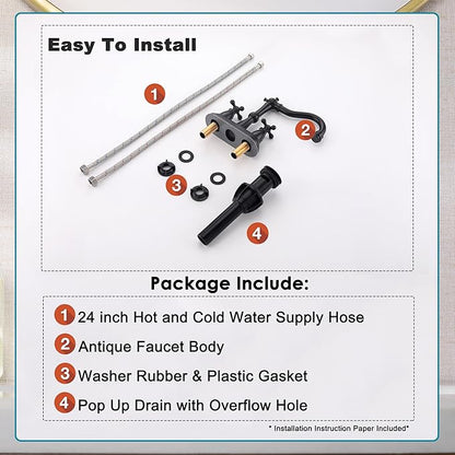 Matte Black Bathroom Faucet Antique, 4 Inch Centerset Bathroom Faucet 3 Hole, Stainless Steel Antique Bathroom Faucet Lavatory Faucet with Pop Up Drain Assembly and Supply Hose, SE-0038-BK