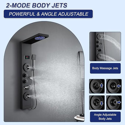 ROVATE LED Shower Panel Tower System with Rainfall Mist Shower Head, Matte Black 6-in-1 Shower Tower with Jets and Handheld and Digital Temperature Display, High Pressure Shower Column with Tub Spout