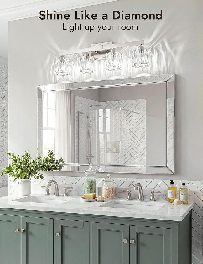 VOLISUN Crystal Vanity Lights for Bathroom, 4 Light Bathroom Vanity Light, Modern Stainless Steel Bathrooms Lights Over Mirror, Chrome Bathrooms Lights Fixtures-UL Certificated(Exclude Bulb)
