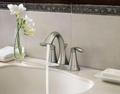 Moen Eva Brushed Nickel Two-Handle 4-Inch Centerset Bathroom Faucet with Drain Assembly, Bathroom Faucets for Sink 3-Hole, 6410BN