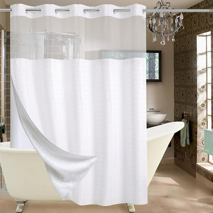 Conbo Mio No Hook Shower Curtain with Snap in Liner Set, Hotel Luxury White Shower Curtains for Bathroom with See Through Top Window, Waterproof, Washable 71W x 74H
